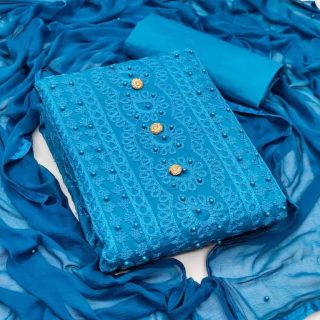 Unstitched Cotton Blend Kurta & Palazzo Material Embroidered